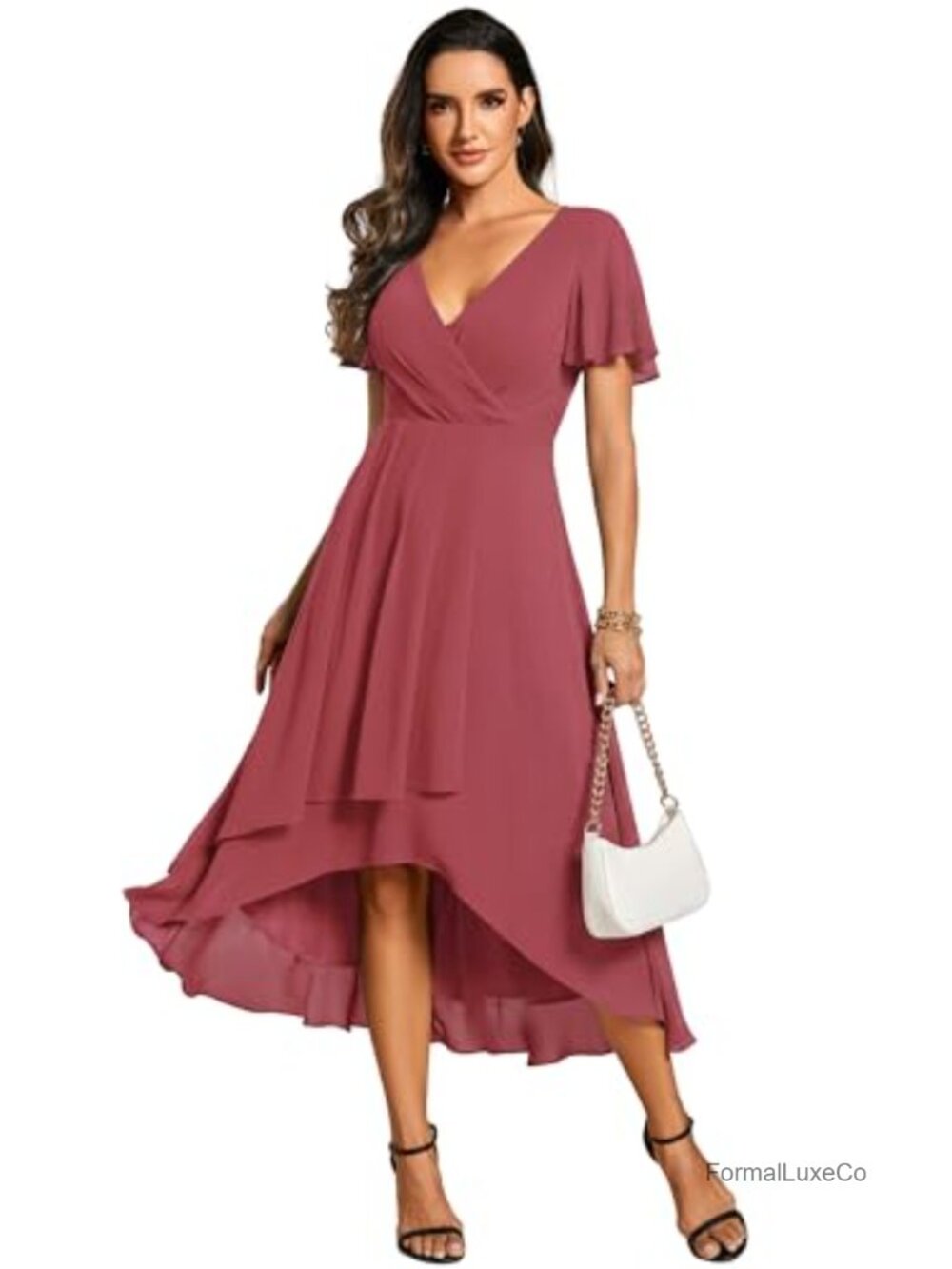 Chiffon Midi Wedding Guest Dress High Low Semi Formal A-Line